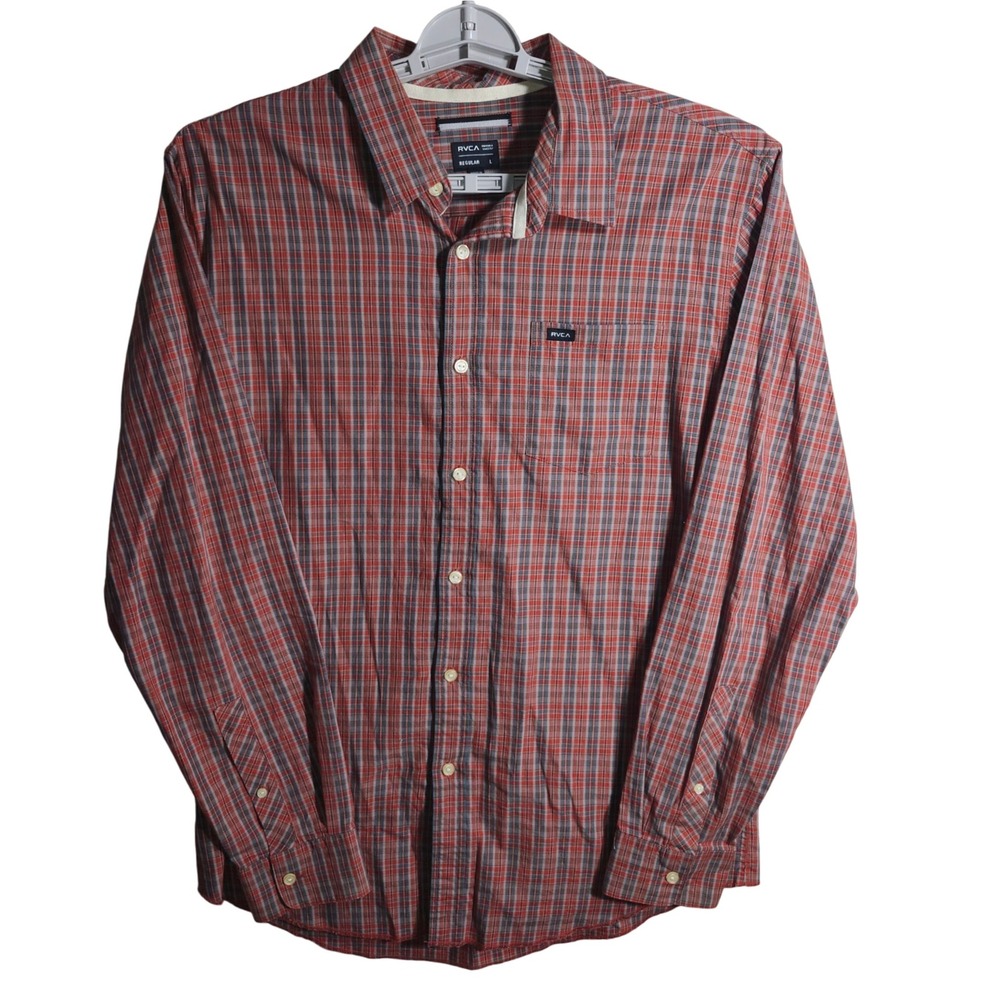RVCA Mens Long Sleeve Button Up Plaid Shirt Casual Regular Fit Red Gray L‎
